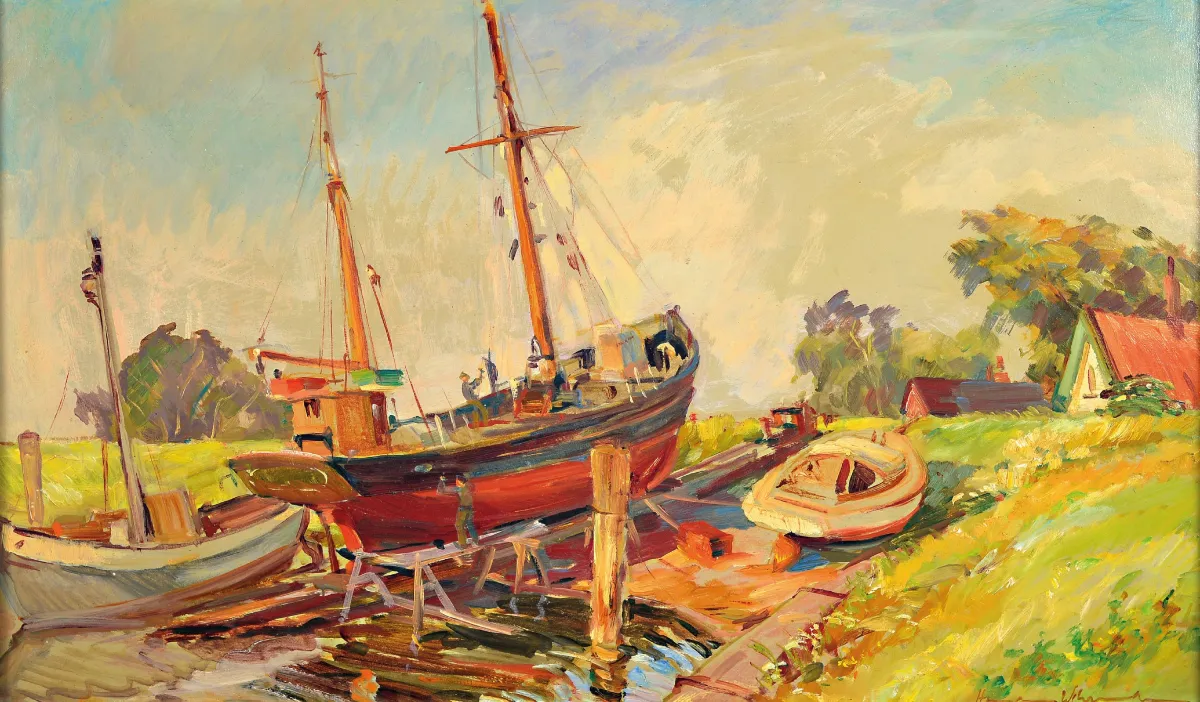 Hermann Wehrmann, 1897 Hamburg-1977 Glückstadt, Werft an der Unterelbe, rückseitig so