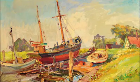 Hermann Wehrmann, 1897 Hambourg-1977 Glückstadt, chantier naval sur l'Unterelbe, au verso