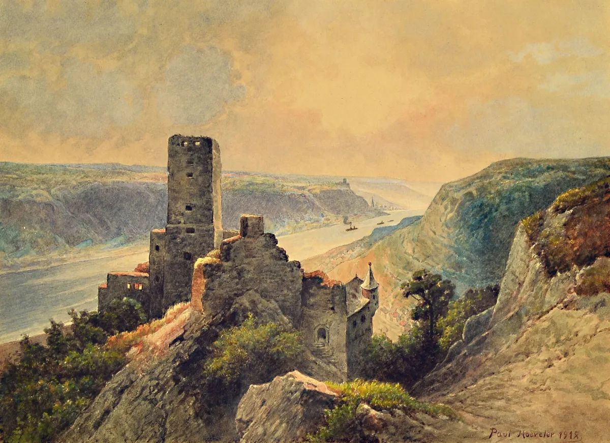 Paul Hoeveler, Künstler um 1900, Rheinlandschaft mit der Burgruine Gutenfels, Aquarell,