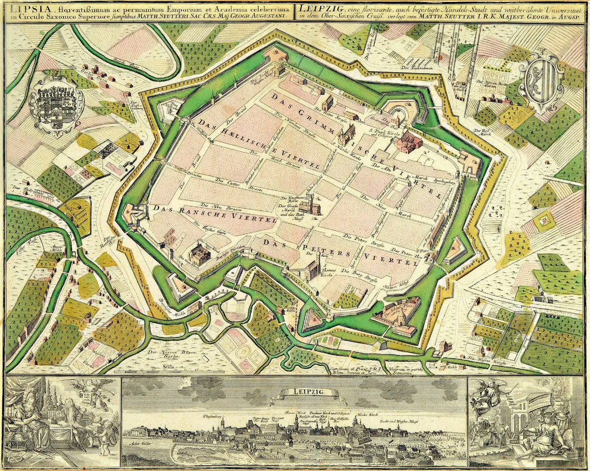 Zwei historische Kupferstichkarten: a. Leipzig, Math.Seutter, koloriert,, ca. 46 x 28cm