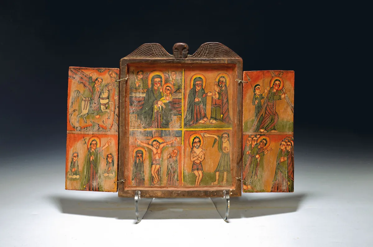 koptische klappbare Altarikone/ Triptychon, äthiopisch-orthodox, wohl 2. Hälfte 20