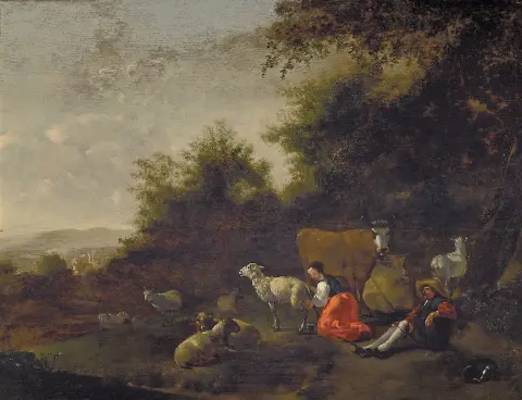 Nicolaes Pietersz. Berchem, 1620-1683, paysage pastoral avec bergers au repos,