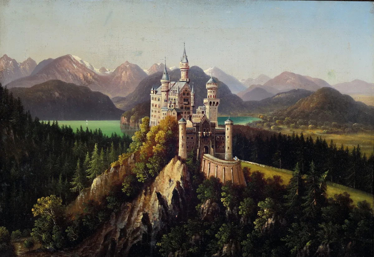 Hubert Sattler, 1817-1904 Wien, Blick auf das Schloß Neuschwanstein, im Hintergrund der