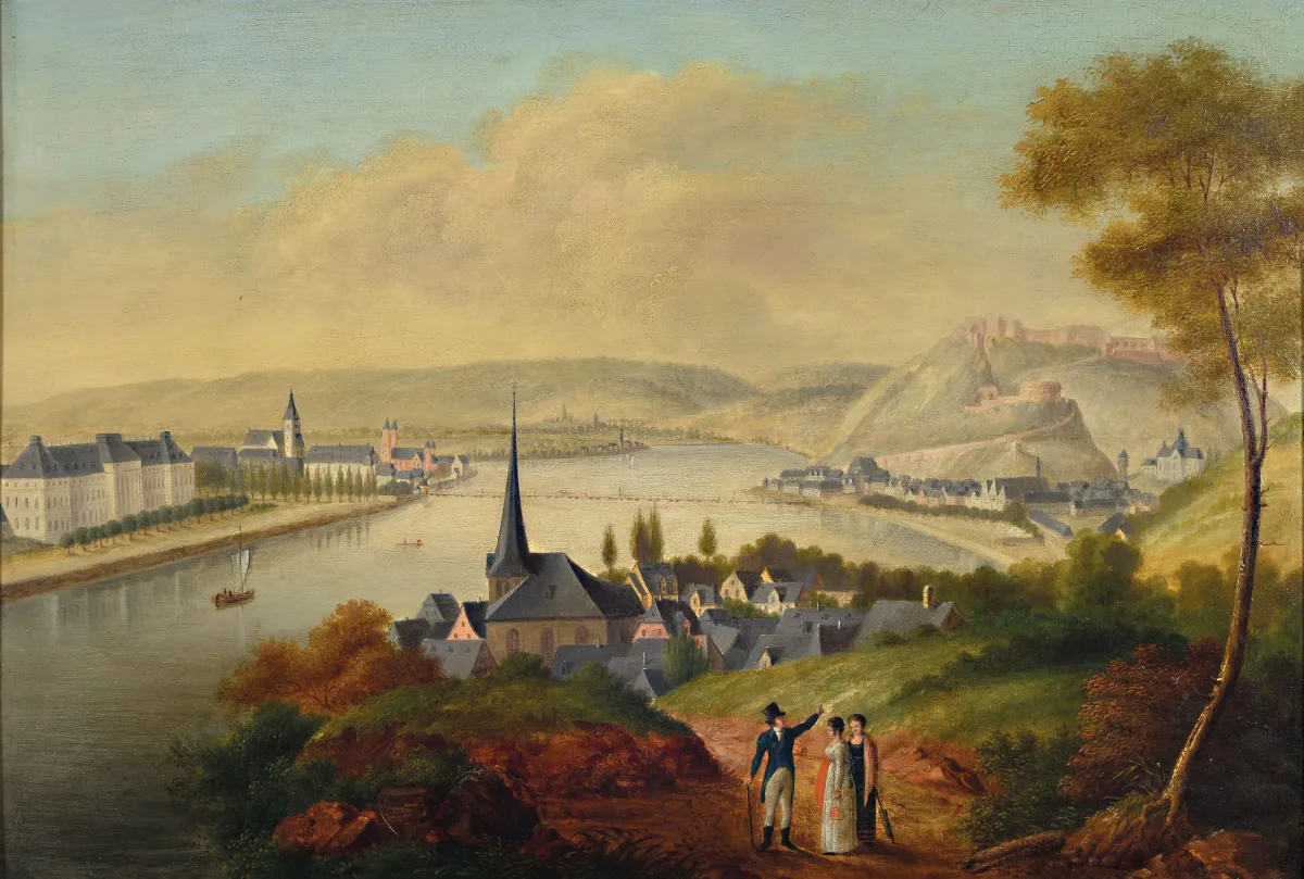 Monogrammist J.B., Duits, circa 1830, Zicht op Koblenz, olie op hout, gerestaureerd