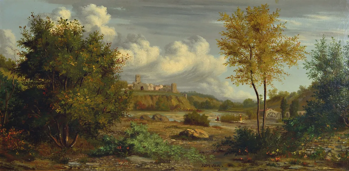 J.J. Mallet, datiert 1819, italienische Landschaft mit Stadt am Hochufer eines