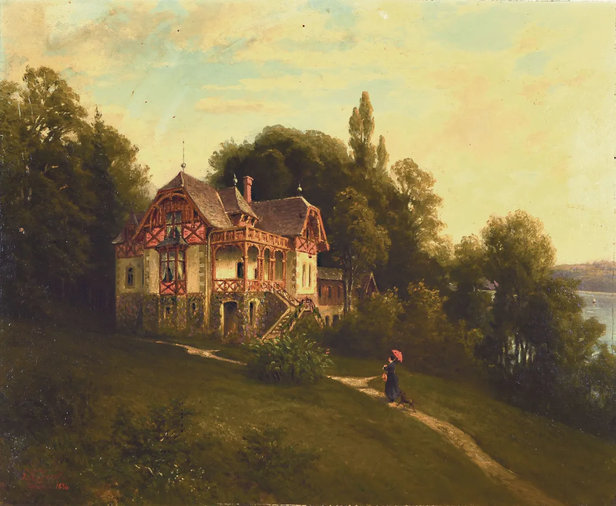 Gustav Adolf Horst, deutscher Maler des 19. Jh., Spaziergängerin vor einer Villa