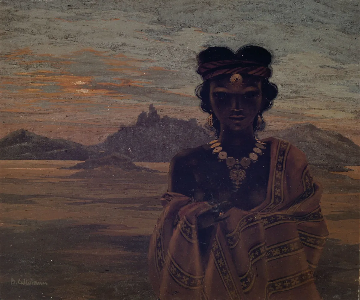 Bernhard Cullmann, 1903-1977 Namborn, Orientalin in abendlicher Wüstenlandschaft,