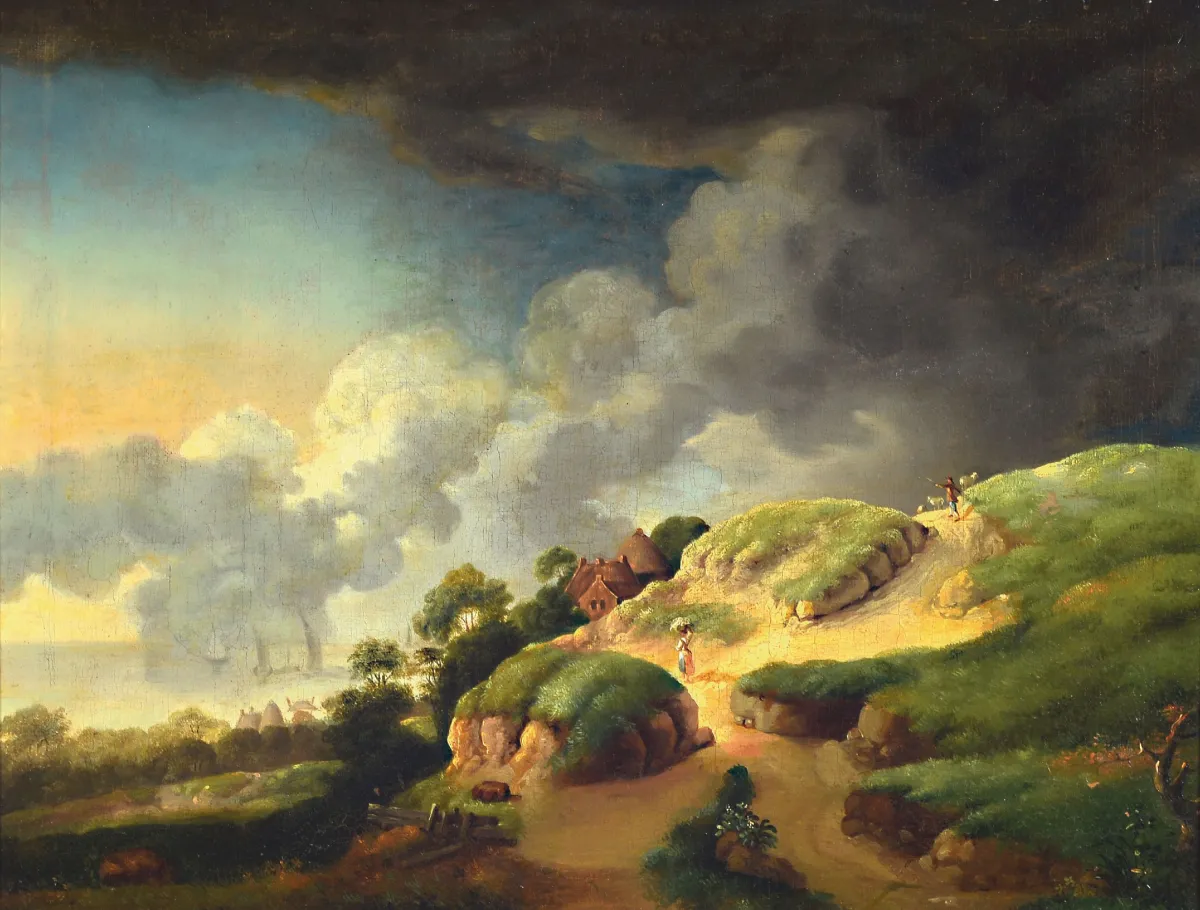 Artiste inconnu, 2e moitié du 18e s., ramasseuse de bois et berger sur le chemin