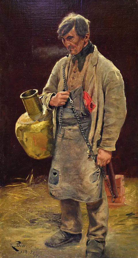K. Böhme, daté 1887, portrait en pied d'un ouvrier avec grande cruche en laiton, huile/toile,