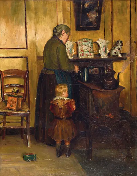 Leopold Haeck, 1868 Anvers-1928 Wijnegem, Intérieur avec femme âgée au foyer