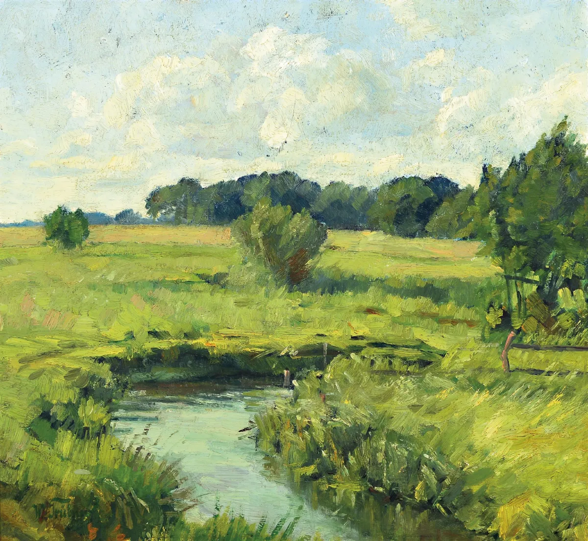 Wilhelm Trübner, 1851-1917, bayerische Wiesenlandschaft mit Flusslauf, vor 1900,