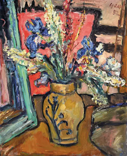 Gustav Gulde, 1906 Ludwigshafen-1953, Nature morte avec iris et pied-d'alouette