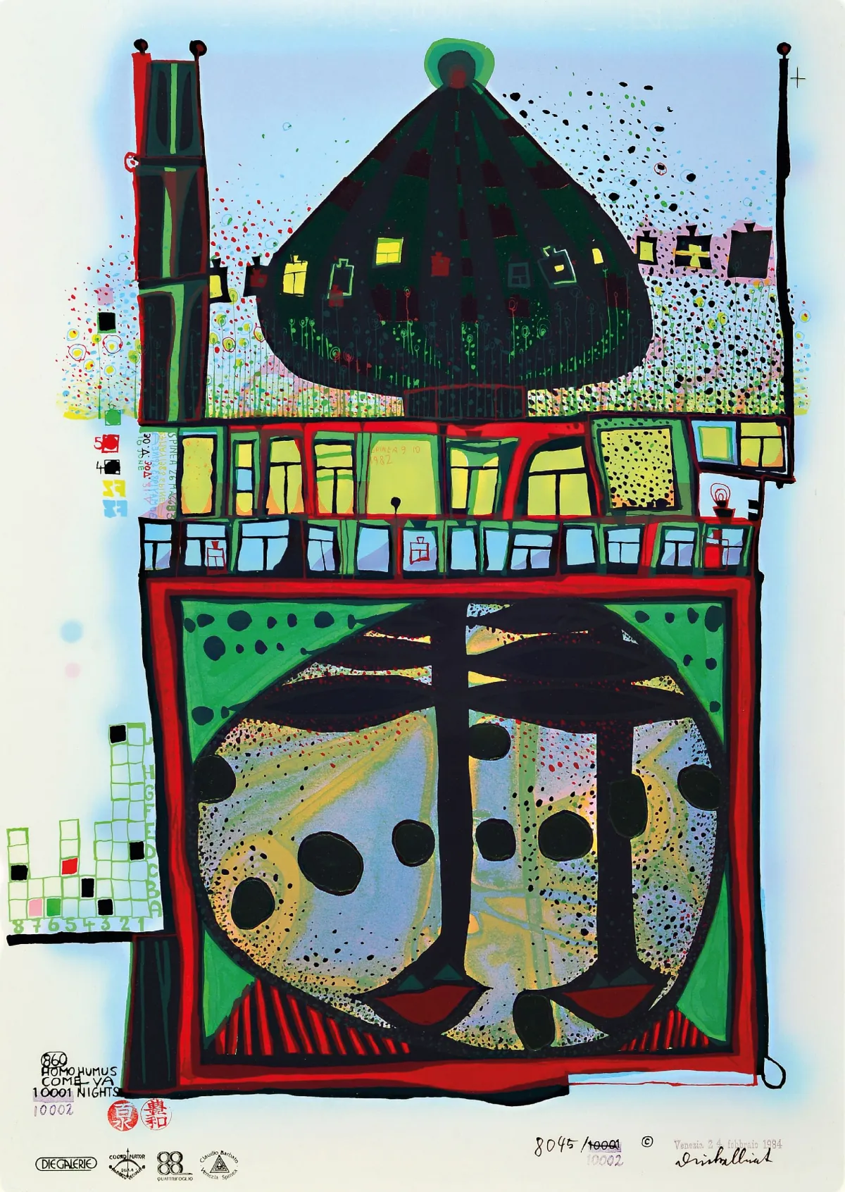 Friedensreich Hundertwasser, 1928-2000, kleurenfotolithografie met metaalrelief, "10002"