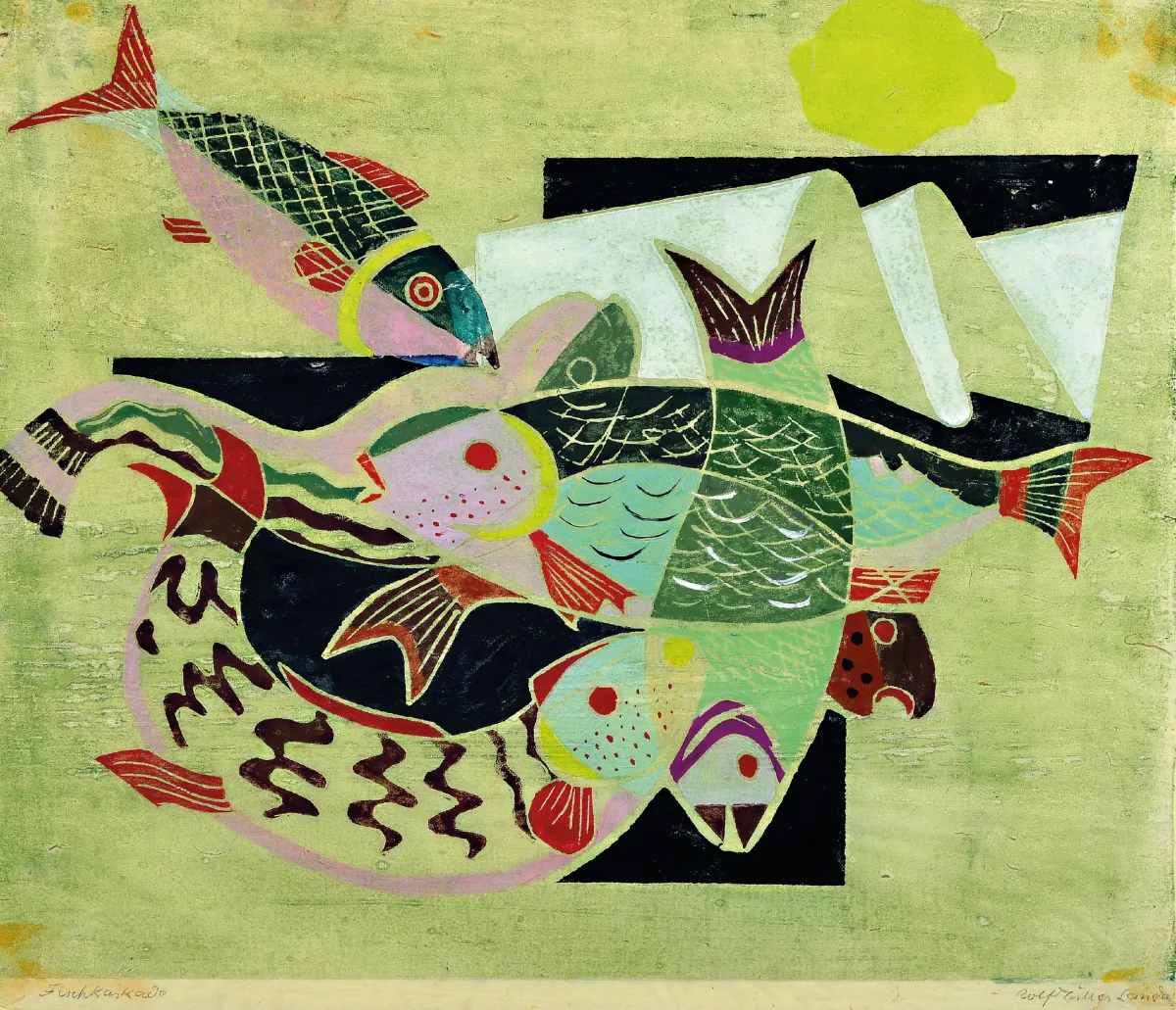 Rolf Müller-Landau, 1903-1956 Bad Bergzabern, Fischkaskade, Monotypie, handsigniert,