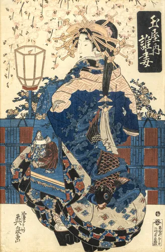 Barevný dřevořez s kurtizánou od Eisen a dva barevné dřevořezy Hiroshige ze série "53 stanic Tōkaidō"