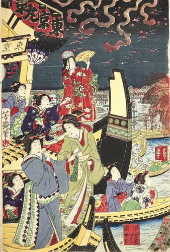 Groupe de cinq oban, en partie issus de triptyques d'artistes Meiji