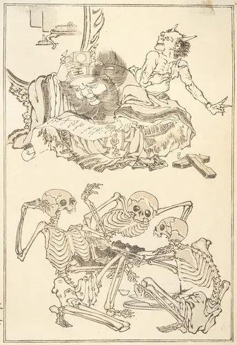 Groupe de sept pages de livre, en partie de Kawanabe Kyosai (1831 - 1889) et d'autres