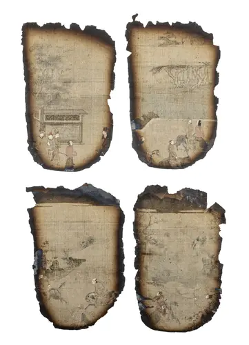 Groupe de huit feuilles d'album, en partie fortement endommagées et avec traces de brûlure