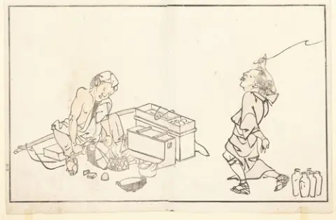 Lot de neuf gravures sur bois ou illustrations de livres de Hokusai, Shunkōsai et Nantei