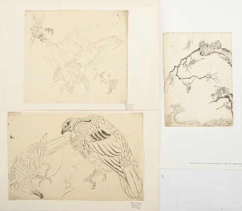 Lot de huit dessins préparatoires et feuilles d'album