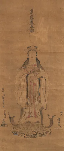Nichiren-Schule: Darstellung von Kannon mit Kind, bez. Namu Myôhô Rengekyô, Fukuda shi,Tusche auf Seide, als Hängerolle montiert