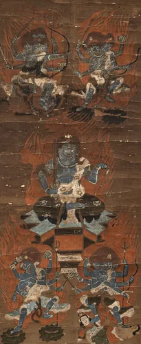 Peinture anonyme avec cinq représentations de Myo sur papier, montée en rouleau suspendu
