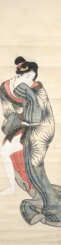 Deux peintures : représentation anonyme d'une bijin et scène avec couple sur papier, Japon, fin de la période Edo / Meiji