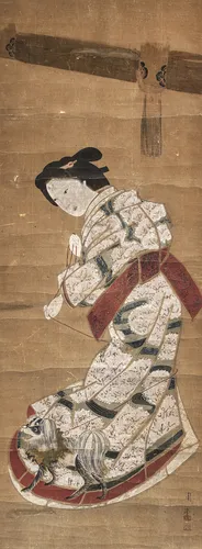 Two hanging scrolls: bijin depictions on paper, one signed, one with seal: Onna e no fuku, attributed to Ishikawa Ichiraku