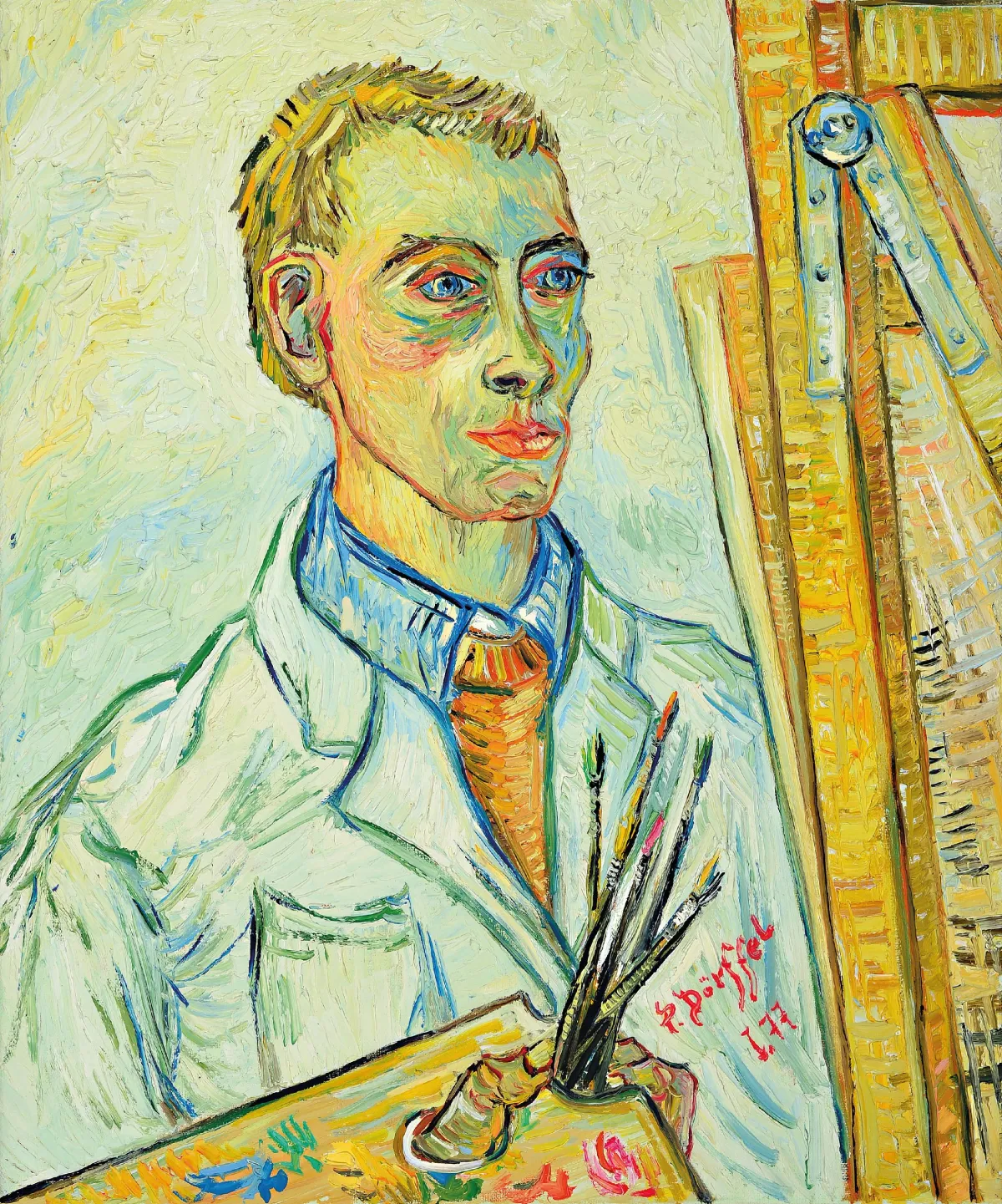 Петер Дёрффель, 1935 Галле-2021 Гейдельберг, автопортрет с палитрой у мольберта,