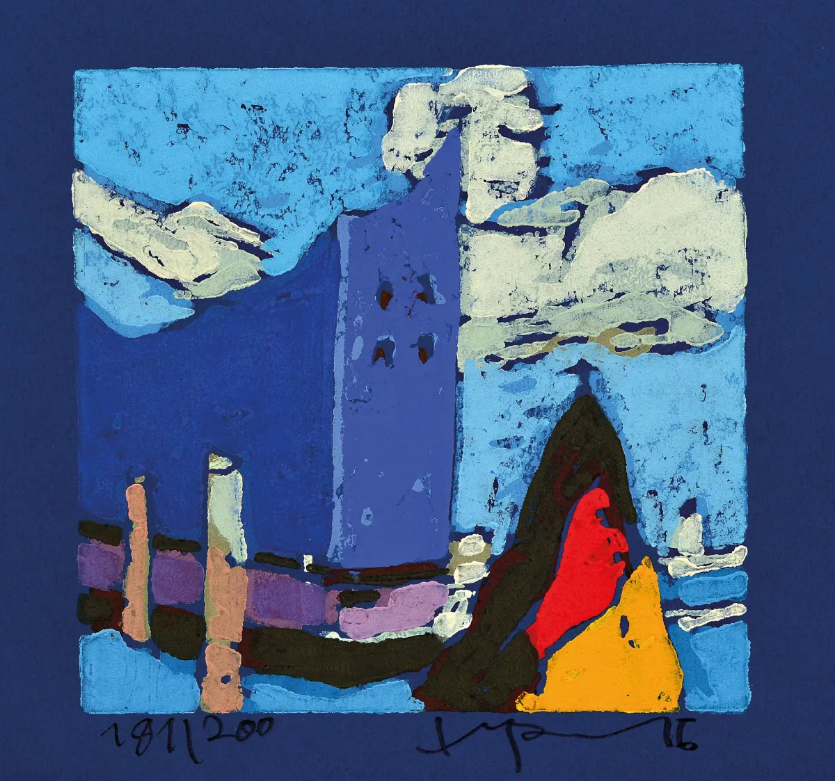 Klaus Fußmann, ur. 1938, linoryt, Elbphilharmonie, Hamburg, sygn., num. 181/200,