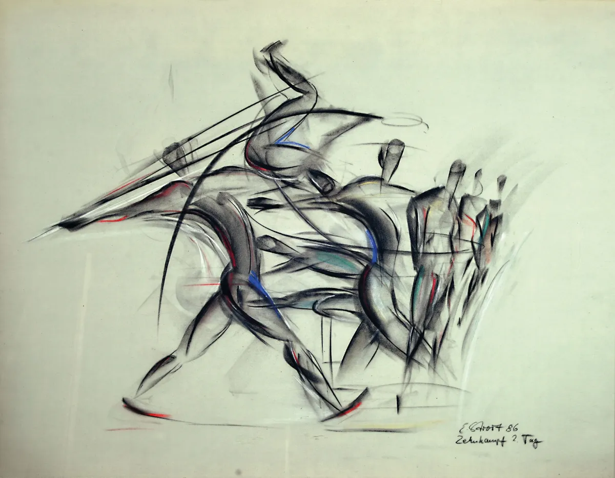 E. Stroth, gedateerd 1986, pastel op grijs karton, "Zehnkampf 2. Tag", gesigneerd en