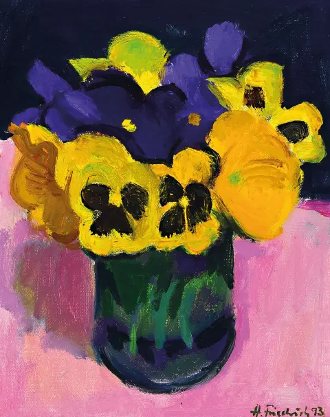 Heinz Friedrich, 1924-2018 Schwetzingen, Nature morte aux pensées, signé et