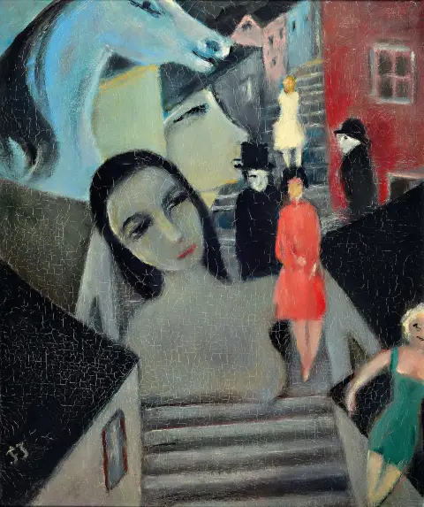 Franz Juncker, 1899 Speyer - 1980 Homburg, éléments oniriques avec scène urbaine,