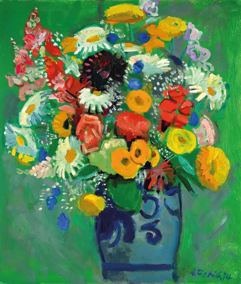 Heinz Friedrich, 1924-2018 Schwetzingen, nature morte avec bouquet d'été coloré, signé