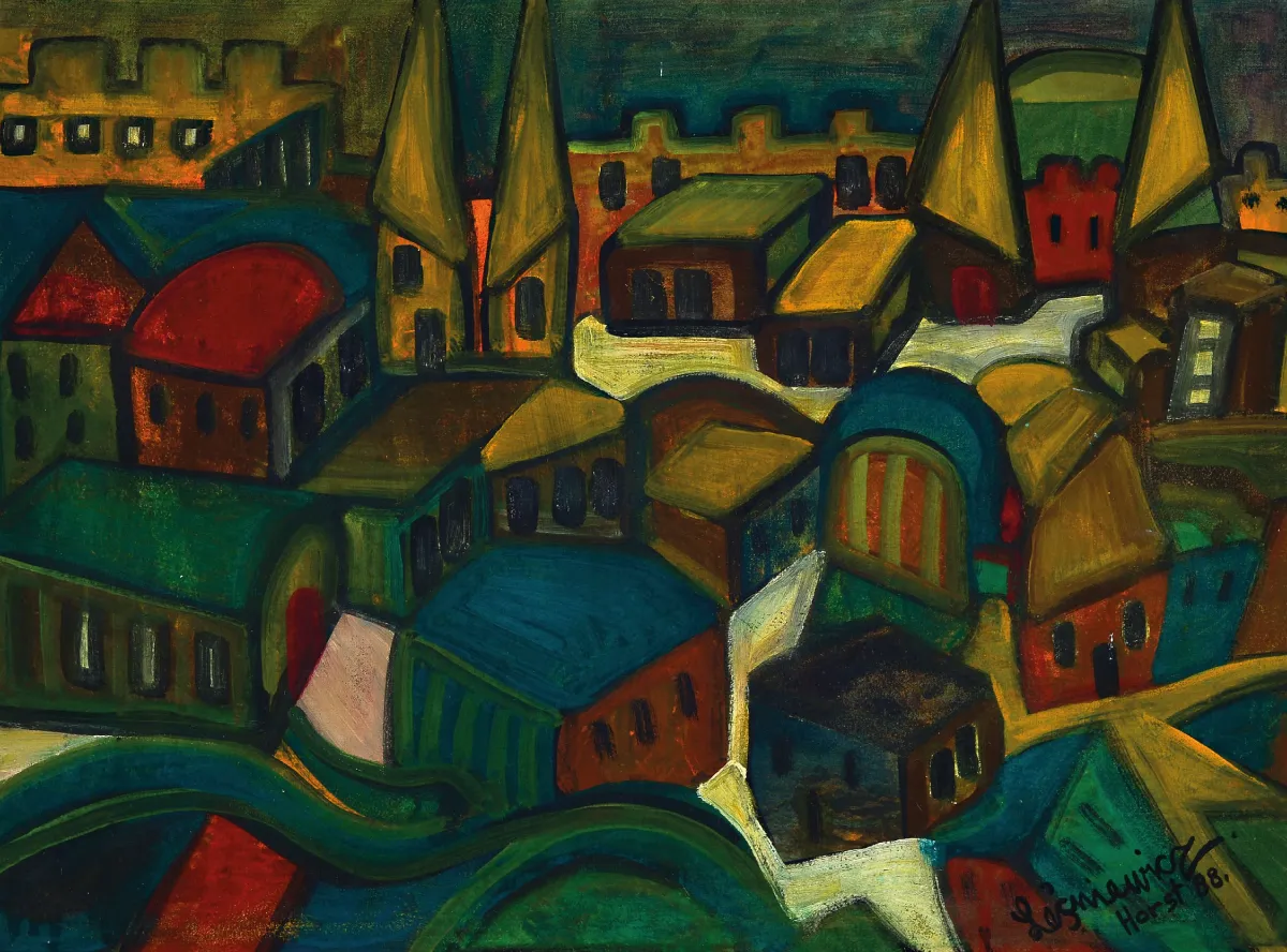 Horst Lesniewicz, 1926 Berlin-2003, Blick auf eine Stadt, Öl/Hartfaser, rechts unten