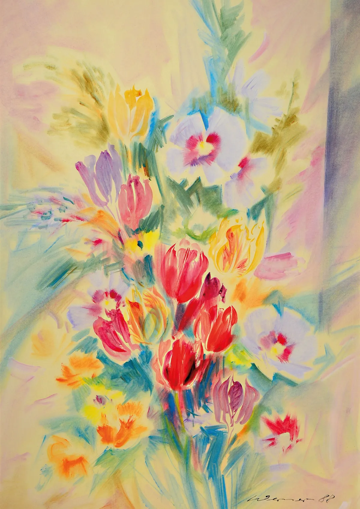 Heinz Werner, 1928 Coswig-2019, Aquarell, Stillleben mit Tulpenstrauß, signiert und