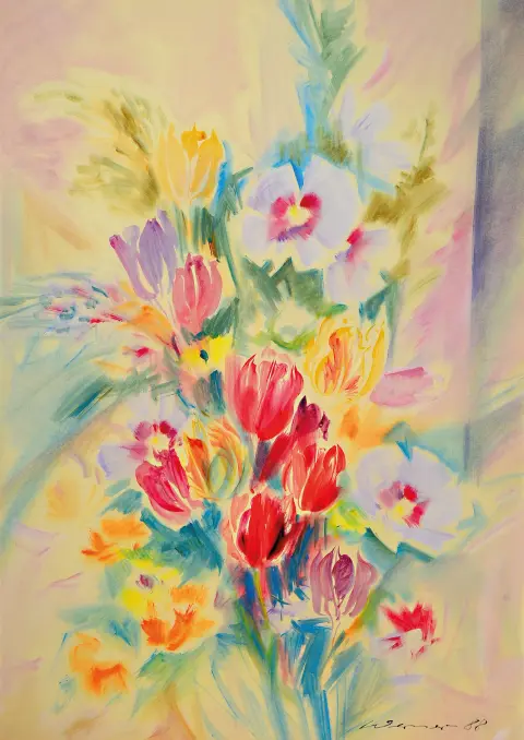 Heinz Werner, 1928 Coswig-2019, aquarelle, nature morte au bouquet de tulipes, signée et
