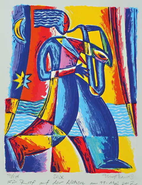 Tim Davies, né en 1959 Derbyshire, gravure, "SAX", éd. 7/100, signée à la main, avec dédicace