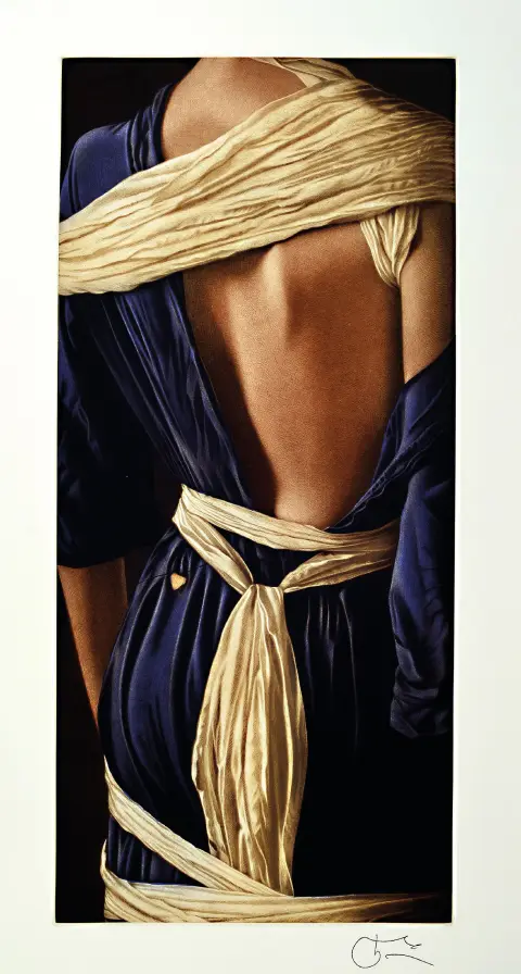 Willi Kissmer, geb. 1951, ets, rugnaakt met blauwe jurk en doeken