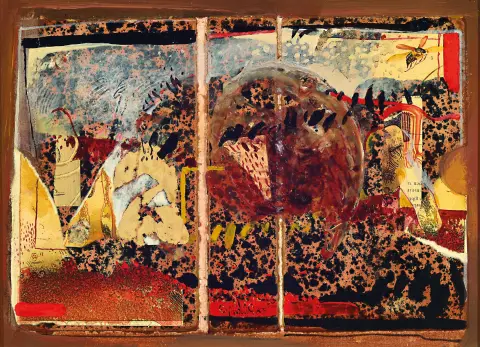 Jürgen Braun, geb. 1947 Mannheim, "Maikäfer -Flug", collage/gemengde techniek op hout