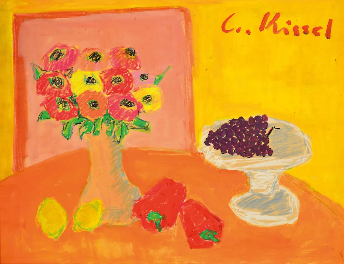 Gernot Kissel, 1939 Worms-2008, Nature morte, technique mixte/acrylique sur panneau, signé,