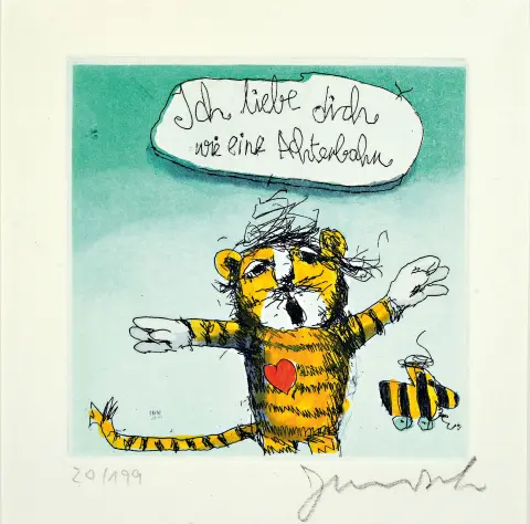 Janosch, c'est-à-dire Horst Eckert, né en 1931 à Hindenburg, gravure en couleur "Ich liebe dich wie eine"