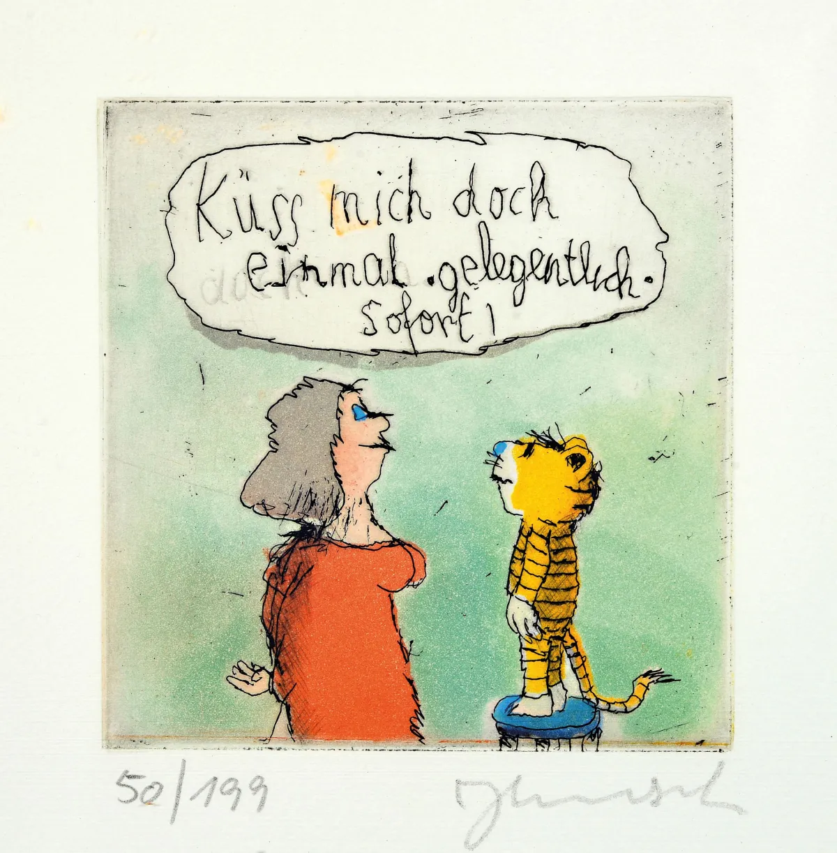 Janosch, tj. Horst Eckert, nar. 1931 Hindenburg, barevný lept "Küss mich doch einmal,"