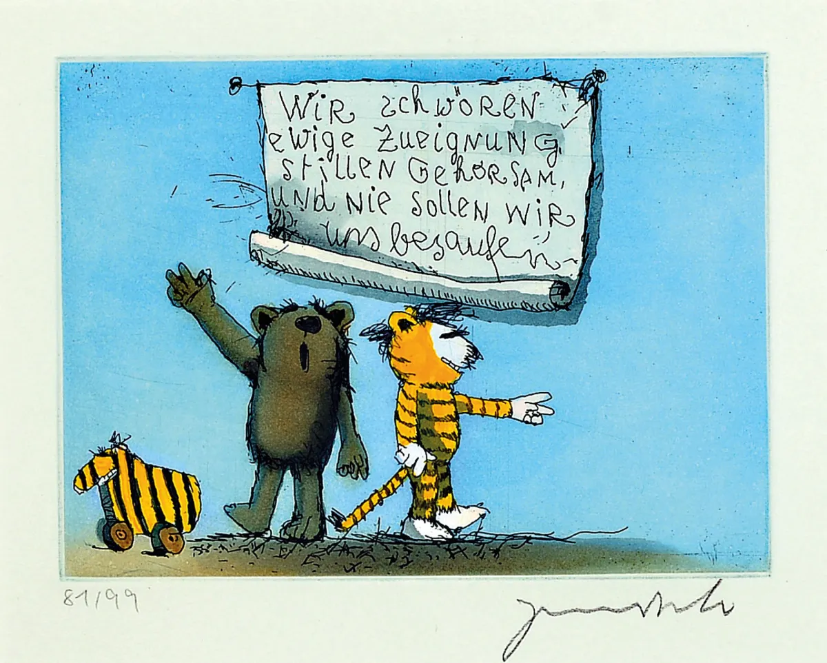 Janosh d.i. Horst Eckert, geb. 1931 Hindenburg, Farbradierung, "Wir schwören ewige