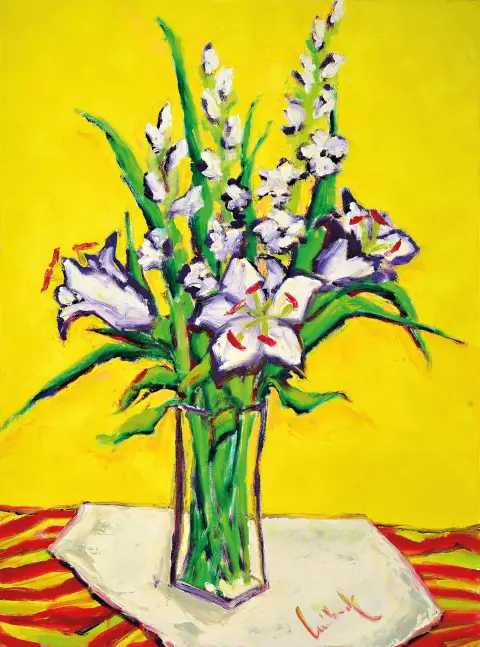 Gernot Kissel, 1939 Worms-2008, nature morte florale avec tissu annoté, verso