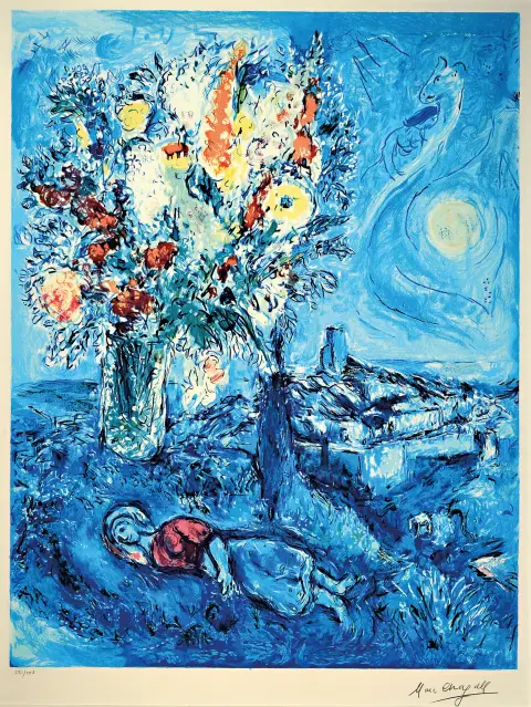 Marc Chagall, 1887-1985, lithographie en couleurs, La dormeuse aux fleurs, signée imprimée, num
