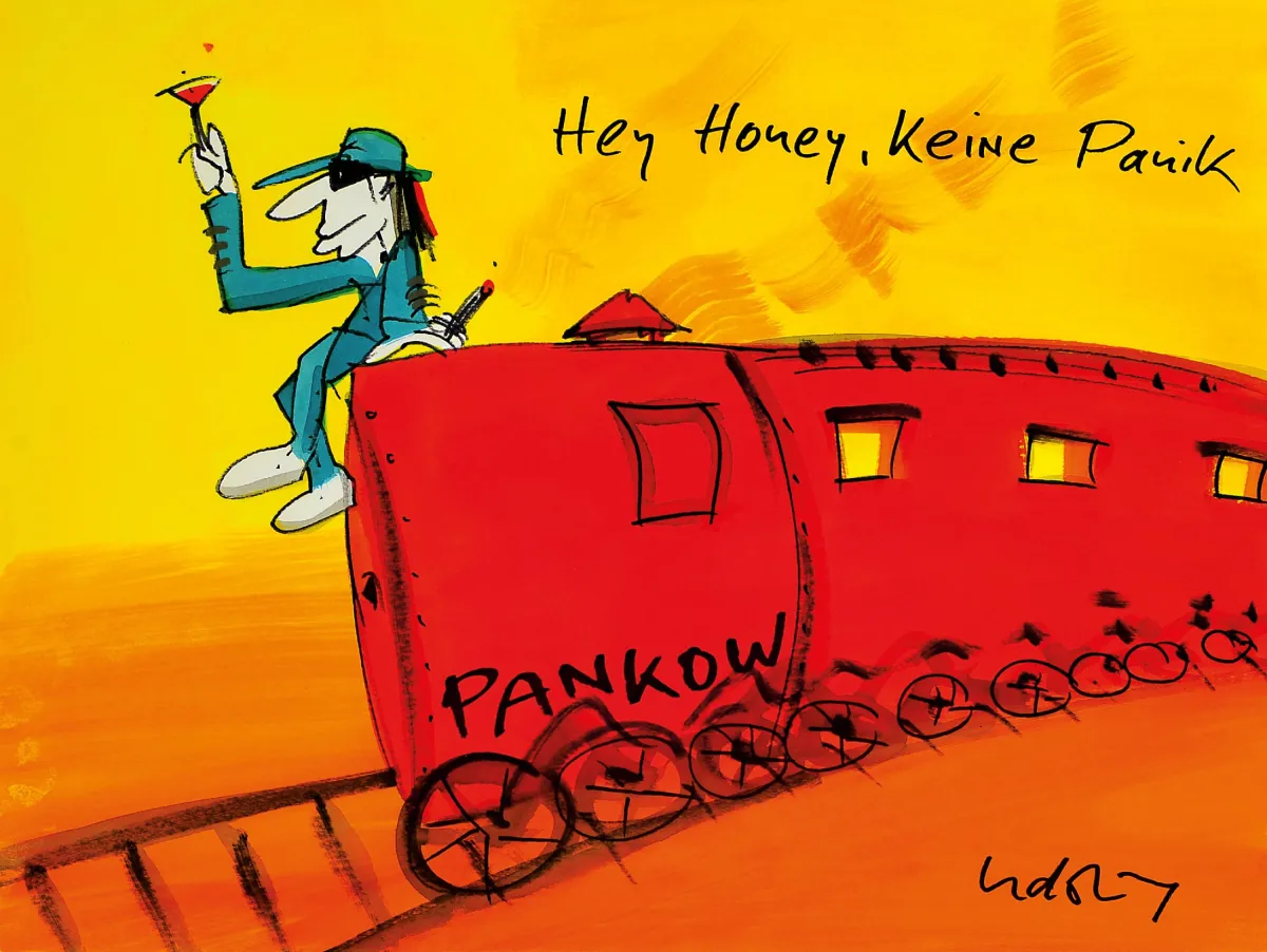 Udo Lindenberg, ur. 1946, akwarela/likörell, "Hey Honeys, keine Panik, (Sonderzug nach