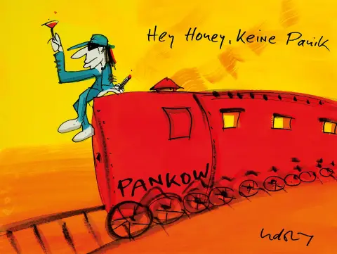 Udo Lindenberg, né en 1946, aquarelle/likörell, "Hey Honeys, keine Panik, (Sonderzug nach