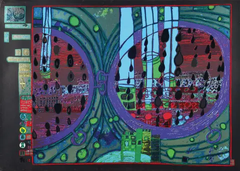 Friedensreich Hundertwasser, 1928-2000, sérigraphie avec gaufrage métallique sur carton métallique