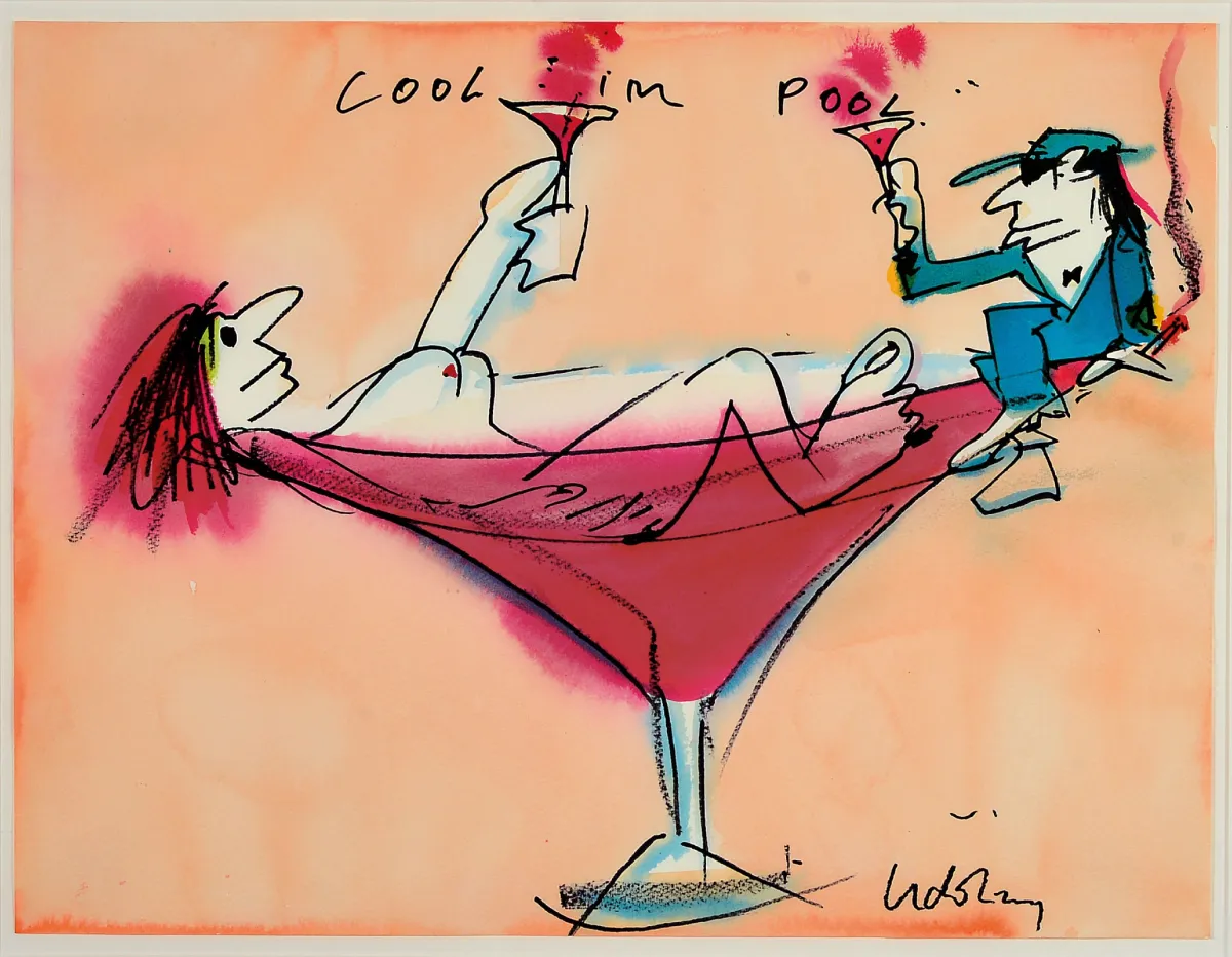 Udo Lindenberg, nar. 1946 Gronau, akvarel/likér na papíře, "Cool im Pool"